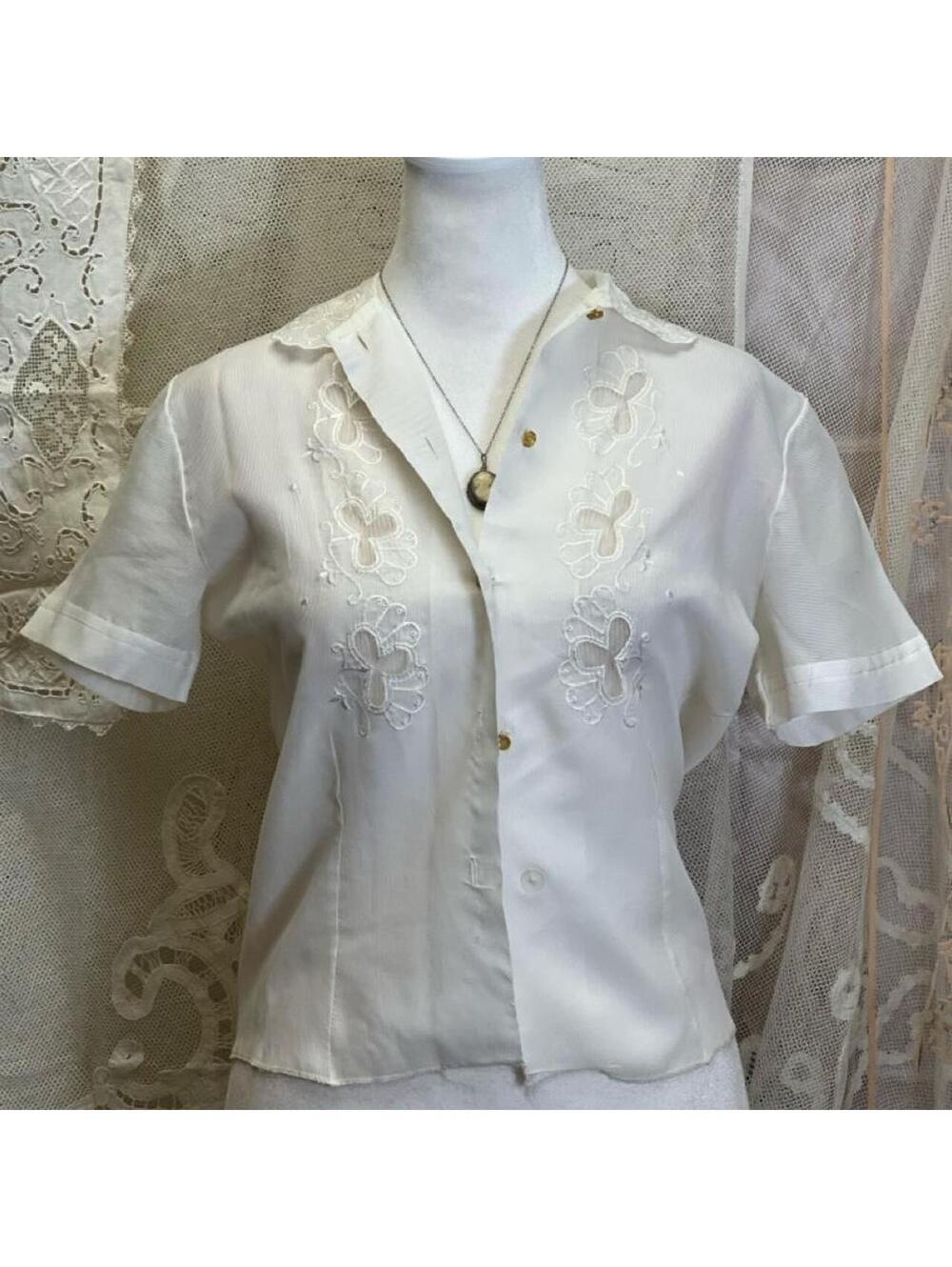 Vintage 1940s White button down blouse with sheer floral cutouts